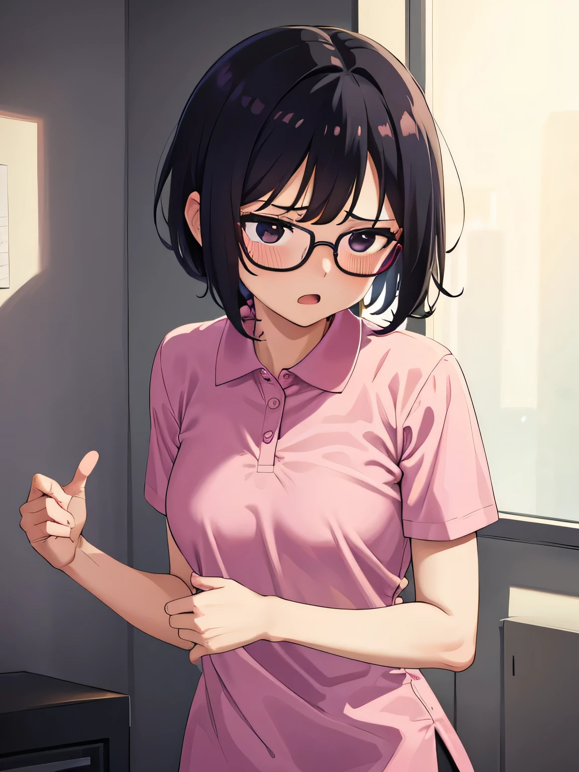 1. Beautiful girl in a magenta polo shirt, short hair, Small breasts, Embarrassing, Beautiful fingers, Shyness, worries, Black Hair, No underwear, Crouching, black eyes, hospital, beautiful, cute, high quality, short sleeves No bra, Open Mouth Glasses Perfect Hands Naughty