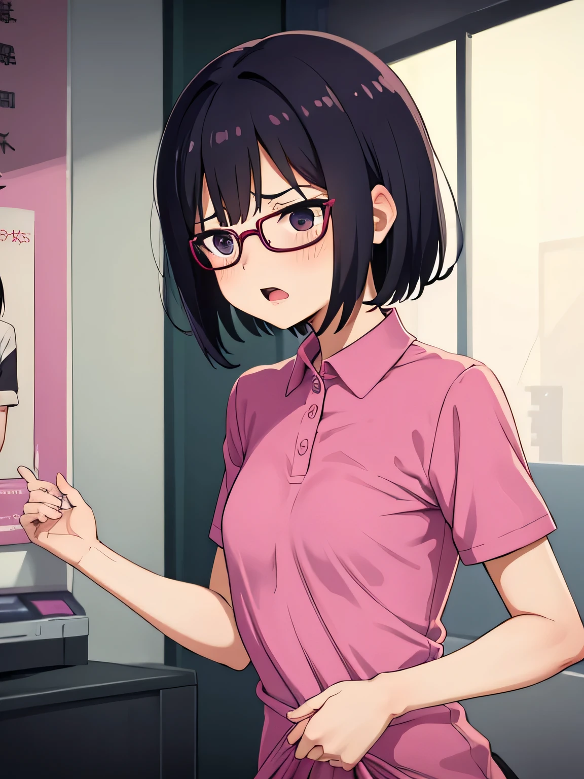 1. Beautiful girl in a magenta polo shirt, short hair, Small breasts, Embarrassing, Beautiful fingers, Shyness, worries, Black Hair, White underwear, Black eyes Hospital Beautiful Cute High quality Short sleeves　No bra, Glasses Perfect Hands Medical Checkup 