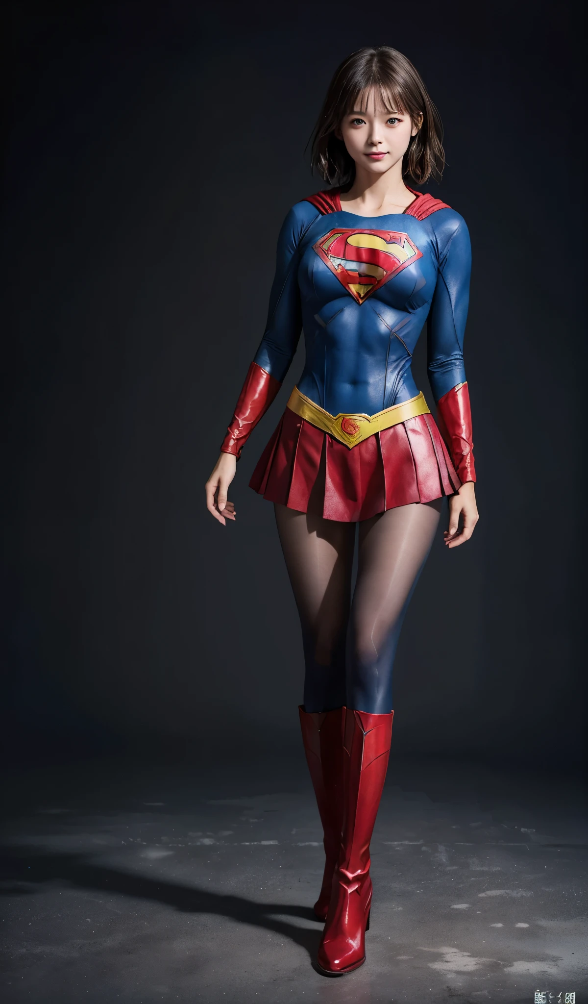 No background、(((Beautiful legs in black tights.)))、(((Legally express the beauty of your smile)))、((((Make the most of your original images)))、(((Body-fitting Supergirl costume)))、(((Supergirl Costume)))、(((Short beautiful hair)))、(((suffering)))、(((Please wear black tights....、Wear red boots)))、((Best image quality、8k))、((highest quality、8k、masterpiece:1.3))、(((Preserve background )))、Sharp focus:1.2、Beautiful woman with perfect figure:1.4、Slim Abs:1.2、Wet body:1.5、Highly detailed face and skin texture、8k