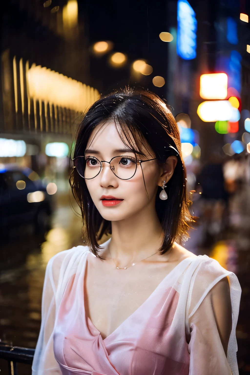 (RAW shooting, Photoreal:1.5, 8K, highest quality, masterpiece, ultra high resolution), perfect dynamic composition:1.2, Night street corner of a modern city, expression of sadness:0.3, (((Typhoon heavy rain))), Highly detailed skin and facial textures:1.2, Slim office lady wet in the rain:1.3, Japanese girl, 22 years old, Fair skin, white skin, sexy beauty:1.1, perfect style:1.2, beautiful and aesthetic:1.1, very beautiful face, water droplets on the skin, High Ponytail, (rain drips all over my body:1.2, wet body:1.2, wet hair:1.3), (wet Red silk dress:1.3), collarbone, belt, (Big , Bra see-through, Chest gap), (cry, lovelorn, The expression on your face when you feel intense caress, Facial expression when feeling pleasure), (beautiful black eyes, Eyes that feel beautiful eros:0.8), (Too erotic:0.9, Bewitching:0.9), cowboy shot, necklace, earrings, bracelet, clock, (wear glasses),