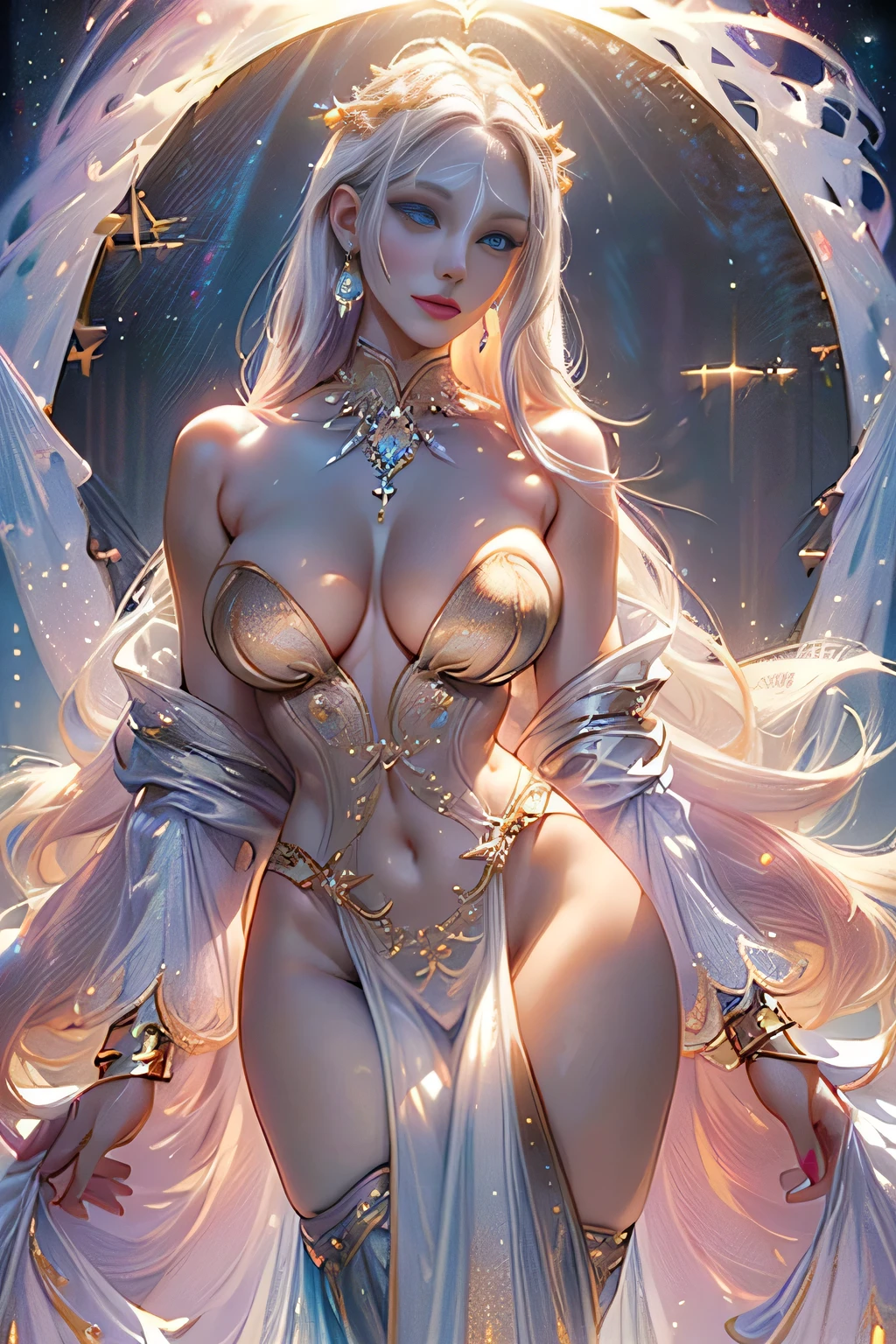 ((relaxed pose)) ((cute smile))((majestic, magnificent, magical, celestial being)) ((tan skin)) ((long legs)) (()) ((beautiful goddess)) ((blue eyes)), ((dark eyeshadows make up)) ((red lips)) ((very long straight platinum blonde hair))((big breast:1.5)) ((slender body:1.3)) ((wears white dress with gold ornament)) ((neck jewerly, earrings)) ((white stocking)) ((flowers ornament on hair)) ((halo of light above head))((glowing magic sparks particles floating around))((with black sky background and white light reflectors on her)), ((high definition:1.5), ((masterpiece:1.5))((8k:1.5)) ((Best quality:1.4)), more_details:-1, more_details:0, more_details:0.5, more_details:1, more_details:1.5, more prism, vibrant color,more prism, vibrant color,