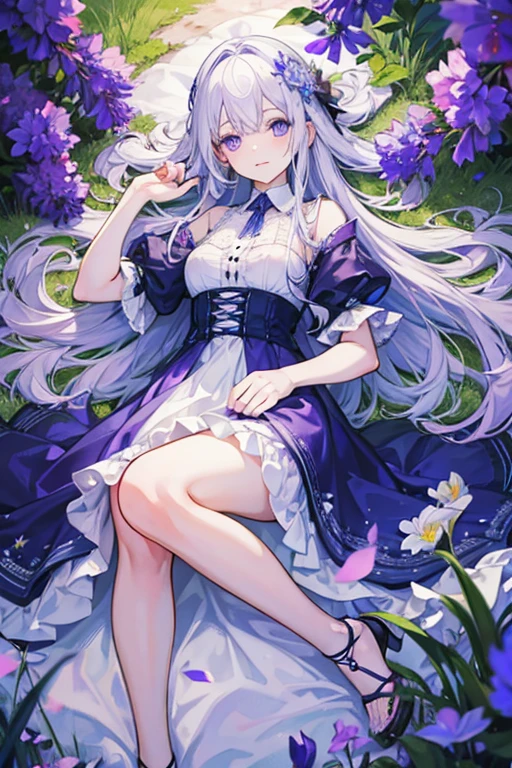 toddler girl, White long hair,lie on the purple iris field,many iris,Blue eyes, big eyes,droopy eyes, With blue flower corsage ,Slender body, full body,purple sundress, detailed face, photorealistic, detailed body, ultra-detailed, best quality,wide angle