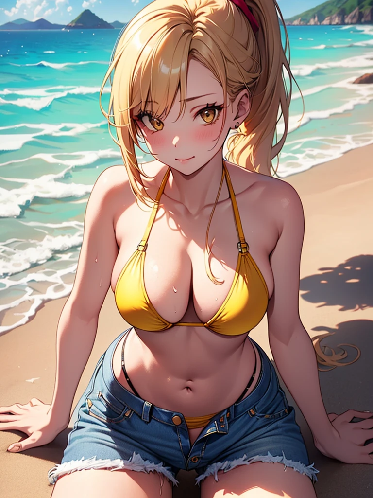 (highest quality, High resolution, perfect pixel, Depth of bounds written, 4K), detailed eyes, (1 lady), tall, (skinny body:1.2), (thin thighs:1.2), (Narrow hips:1.2), large breasts, blond hair, (ponytail:1.2), (yellow Short pants bikini:1.2), (unbutton:1.3), (cross halter bikini), (rio cut pants), (panty strap:1.3), (denim short panty:1.2), (seductively posing on all fours on a beach, looking up flirtatiously:1.2), (clear face), sweat,