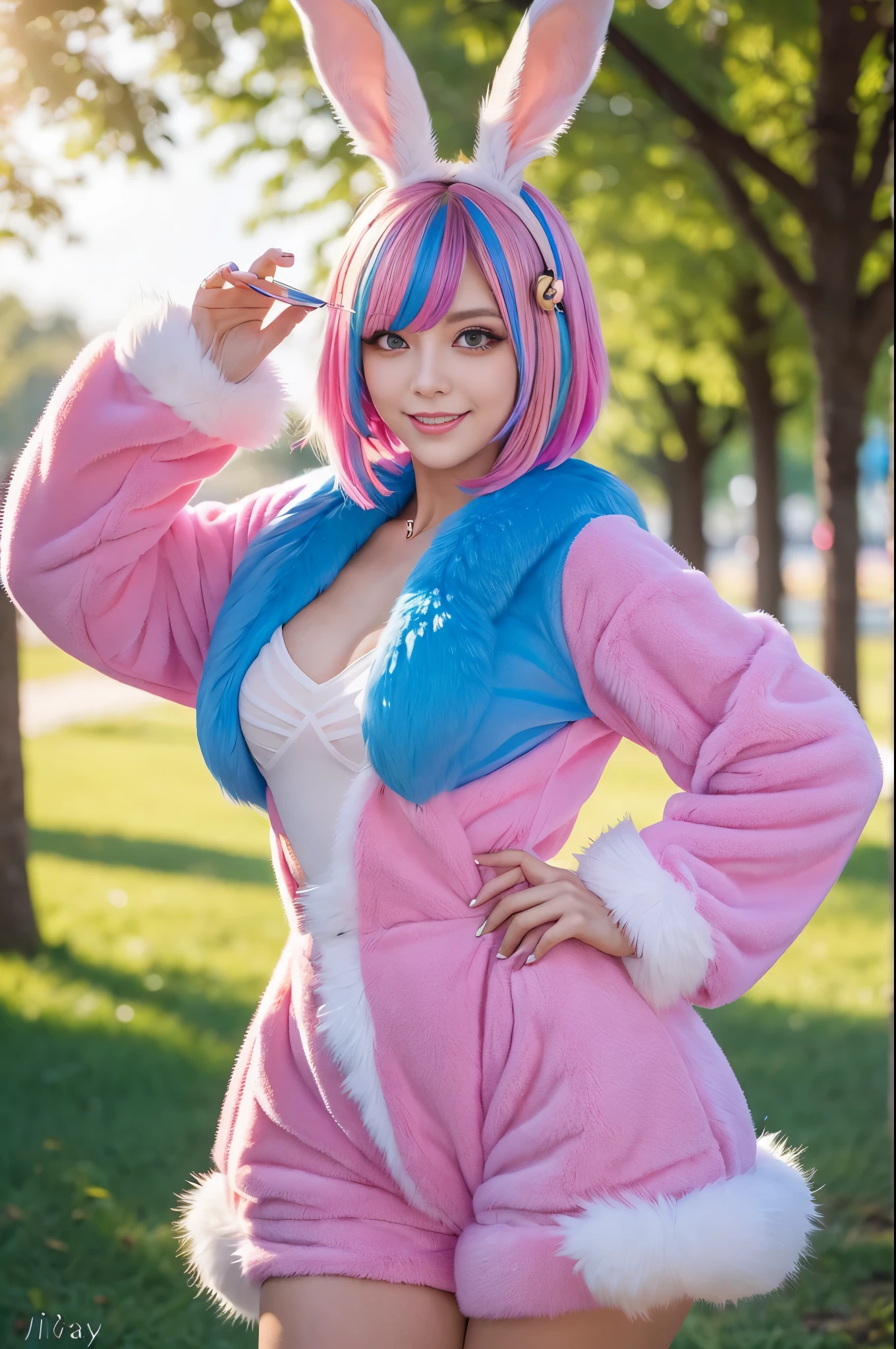 sexy swedish model, (-anime), only 1 model, very short hair, beautiful smile, lipgloss, long lashes, defined eyebrows, long fur rabbit cosplay, ((long fur vivid colors outfit)), ((rabbit accessoires)), rabbit ears, rabbit tail, vivid colors, look at the camera, cinematic light, large park background with trees, sweet and sexy pose