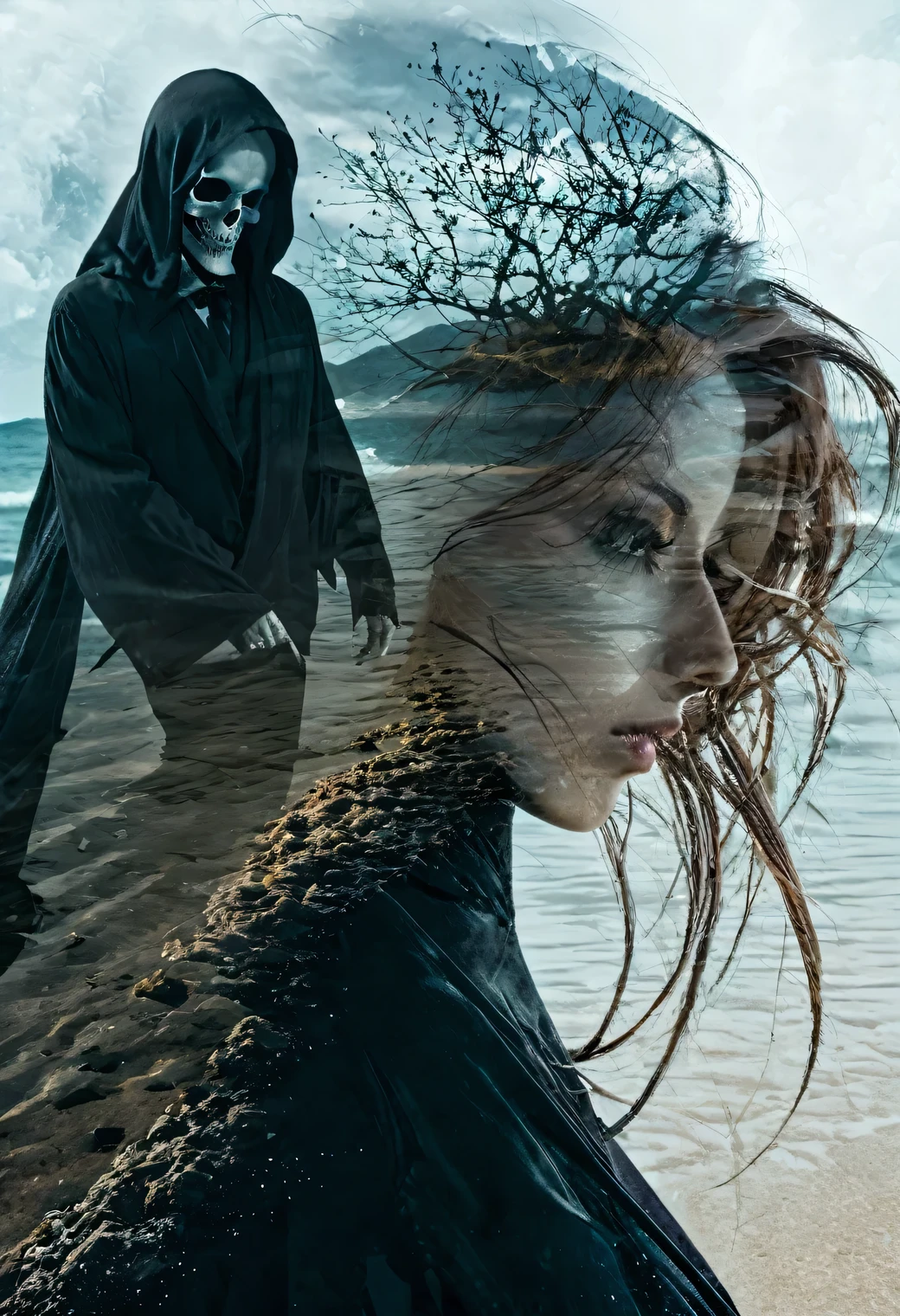 (double exposure of black grim reaper and beautiful woman), [close-up of black grim reaper's face in the distance above: beautiful woman standing on the beach, wearing a beautiful dress : 0.25],