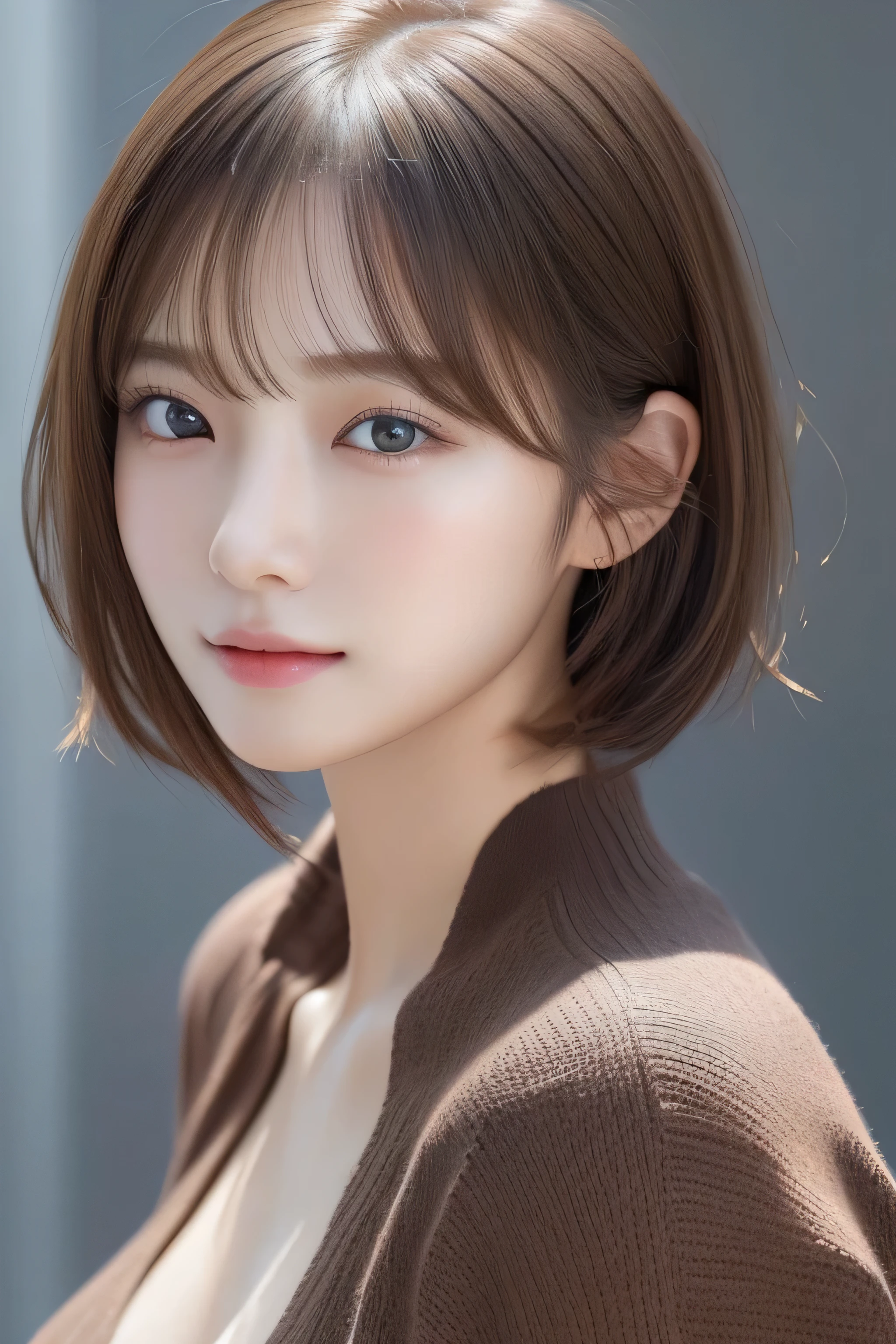 (​masterpiece:1.3), (8K, Photorealsitic, Raw photography, Top image quality: 1.4), japanes, (1girl in), beauitful face, (Lifelike face), (A dark-haired, short-hair:1.3), Beautiful hairstyle, realisticeyes, Eyes in Beautiful Details, (real looking skin), Beautiful skins, enticing, 超A high resolution, A hyper-realistic, high detailing, the golden ratio, prety woman:1.4、light brown hair、top-quality、​masterpiece、超A high resolution、(Photorealsitic:1.4)、Highly detailed and professional lighting smile、Loose and light knitwear、Shoulder out、slender、serious facial expression、Longhaire、Fatal position、Nogizaka Idol、Korean Idol、hposing Gravure Idol、、25-years old、tall, Glamour、flank、(age19:1.5),