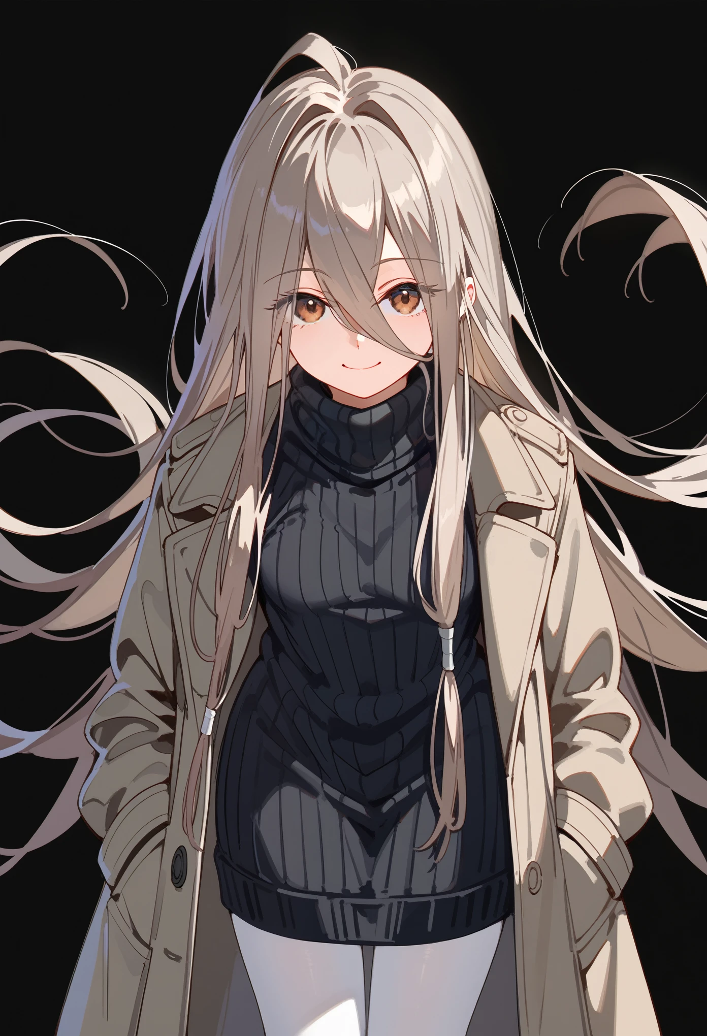 (score_9, score_8_up, score_7_up), 1girl, solo, sense \(sousou no frieren\), brown eyes, very long hair, absurdly long hair, hair between eyes, eyes visible through hair, small breasts, black sweater, turtleneck sweater, trench coat, (coat on shoulders), pantyhose, hands between thighs, leaning forward, standing, tilted head, small smile, closed mouth, looking at viewer, black background, simple background,