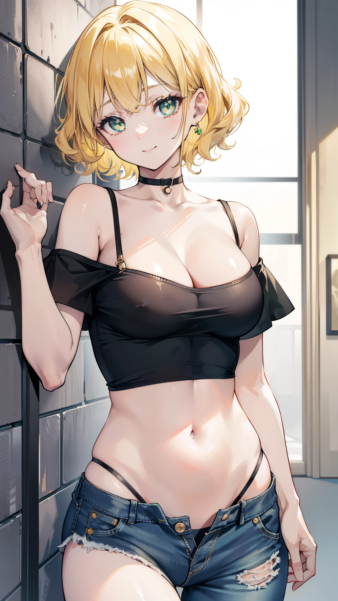 beautiful girl，Blonde short hair，curls，Green pupils，(Black off-the-shoulder short sleeves)，belly button，(camisole)，Super short jeans，(Pants open and unbuttoned)，Bare legs，In the entrance，Warm Lights，Gentle smile，A warm filter，Leaning against the wall，(Show off the pubic bone)