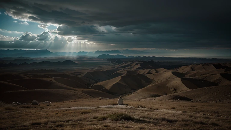 "A dramatic and realistic scene depicting the prophet Ezekiel standing in the middle of a vast valley filled with dry bones. Ezekiel is dressed in traditional ancient priestly garments, his face a mix of awe and reverence as he surveys the desolate landscape around him. The ground is littered with countless bones, bleached white by time and the elements, creating an eerie, haunting atmosphere. The sky above is dark and overcast, with heavy clouds adding to the somber mood. A powerful, divine light or ethereal glow surrounds Ezekiel, indicating the presence of the Lord's spirit that has brought him to this place. Shadows and highlights accentuate the contours of the bones and the rough, barren terrain of the valley. In the distance, the faint silhouette of hills or mountains can be seen, emphasizing the vastness and isolation of the scene. The overall atmosphere is one of profound spiritual significance, capturing the moment Ezekiel experiences the powerful presence of the Lord and the gravity of the vision before him. The image size is 16:9, providing a widescreen view of the entire scene."