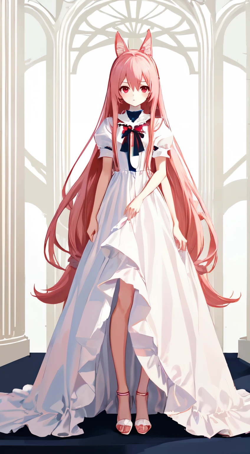 Absurd, One girl, Red eyes, Animal Ears, Long Hair, Pink Hair, Eyes Wide Open, eyelash, View Viewer, twitchemotional expression, Beautiful background, White and navy elegant dress,Long dress, High heels, Standing in front, Little, emotional expression, In-person audience, (:3:1.0), blush