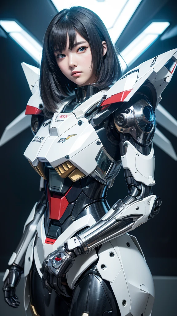 Textured skin, Super Detail, high details, High quality, Best Quality, hight resolution, 1080p, hard disk, Robot Girl,(Gundam Girl),beautiful cyborg woman,Mecha Cyborg Girl,Battle Mode,Girl with a Mecha Body,She wears a futuristic Gundam mecha,Fulll body Shot,Mobile Suit Girl