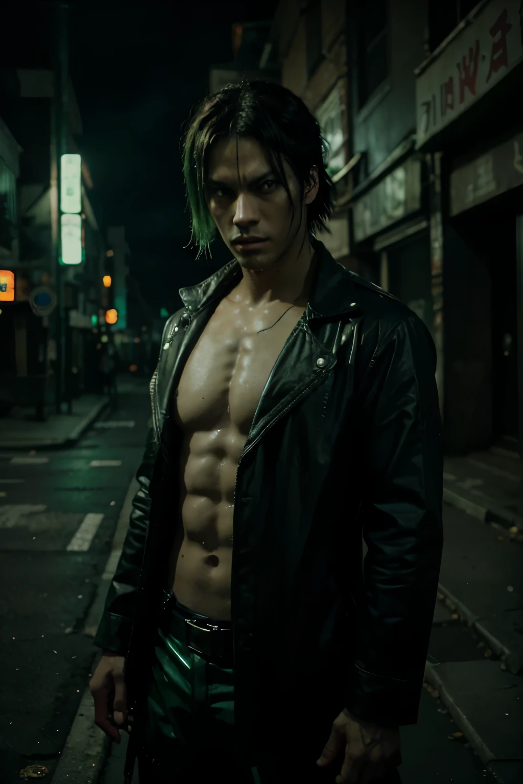 Character Serum from the anime one piece in cyberpunk and dark style on a dark street at night, bright green light sword, fluorescent green color energy coming out of the eyes. 