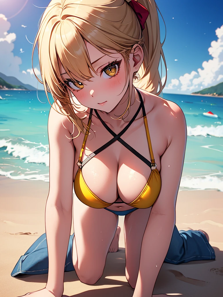 (highest quality, High resolution, perfect pixel, Depth of bounds written, 4K), detailed eyes, (1 lady), tall, (skinny body:1.2), (thin thighs:1.2), (Narrow hips:1.2), large breasts, blond hair, (ponytail:1.2), (yellow Short pants bikini:1.2), (unbutton:1.3), (cross halter bikini), (rio cut pants), (panty strap:1.3), (denim short panty:1.2), (seductively posing on all fours on a beach, looking up flirtatiously:1.2), (clear face), sweat,