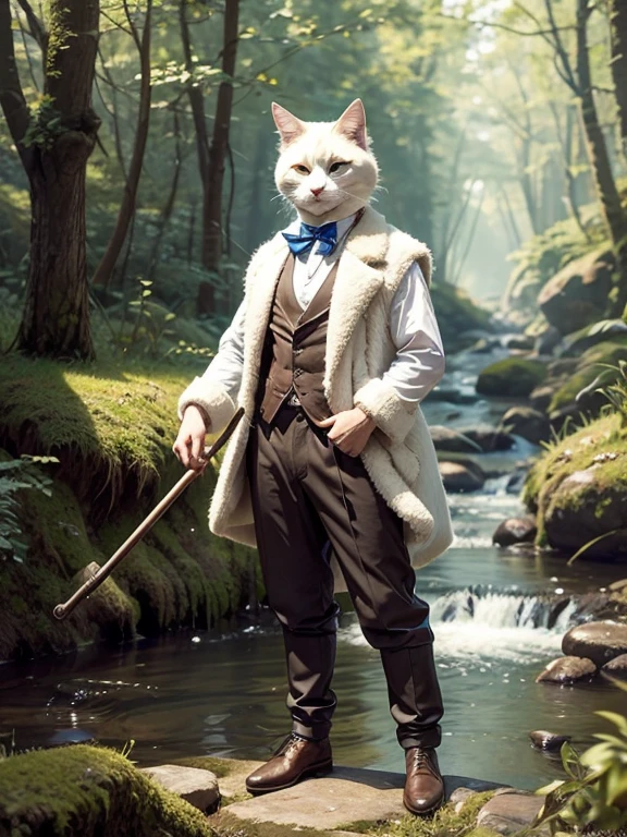 A male cat with white fur stands on his hind legs dressed in pants and a vest, Charming smile, In the woods, a stream flows