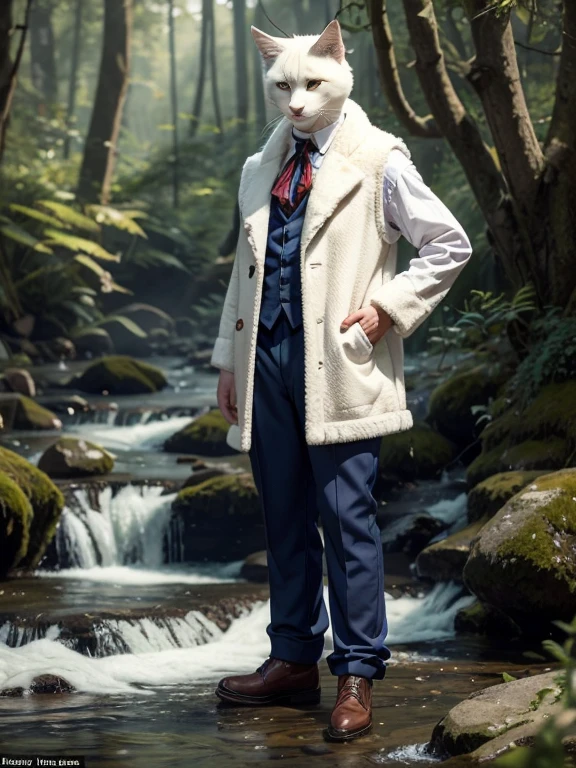 A male cat with white fur stands on his hind legs dressed in pants and a vest, Charming smile, In the woods, a stream flows