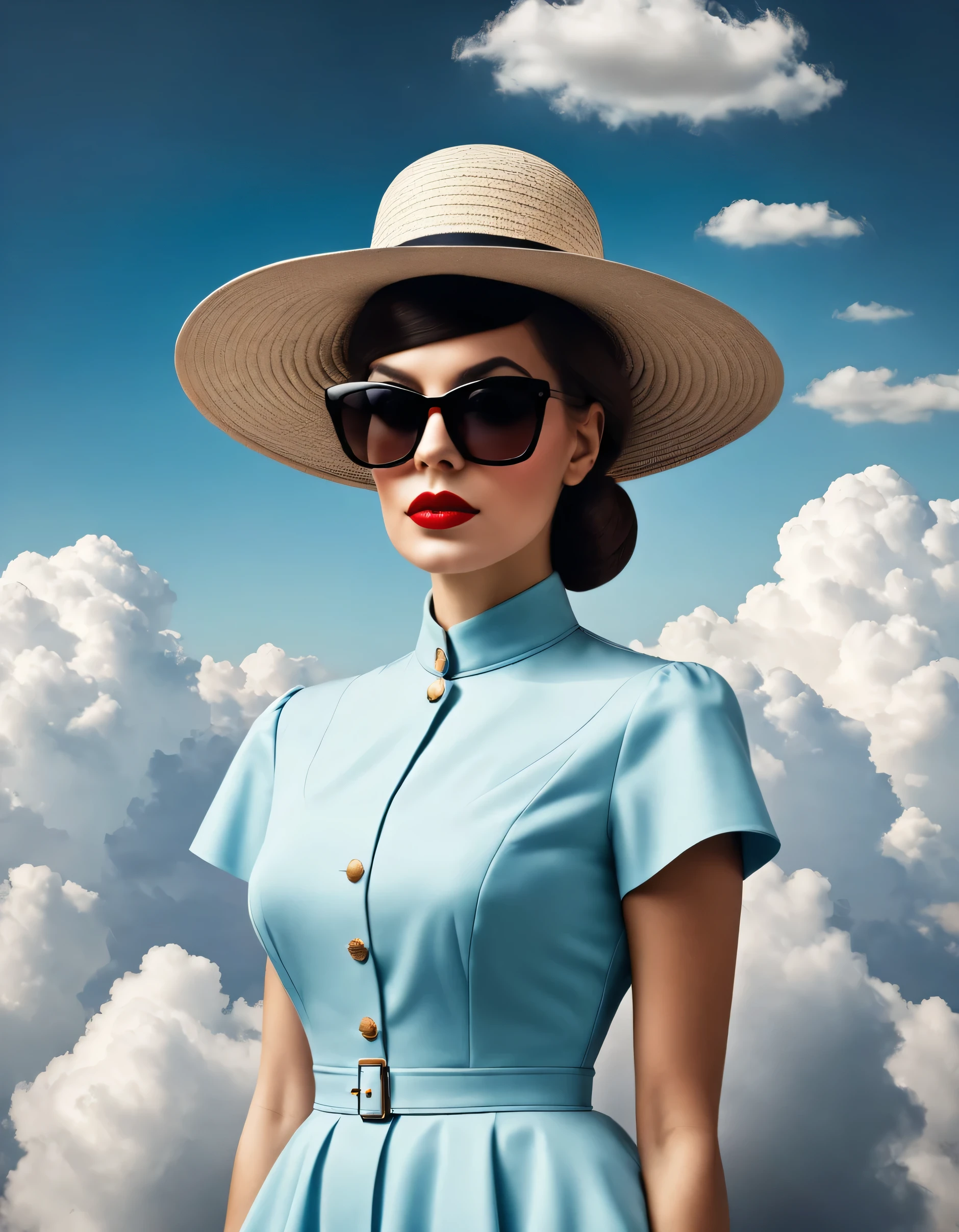 Cubist artwork in the style of Rene Magritte,Rene Magritte style,Rene Magritte Art,Rene Magritte woman wearing hat and sunglasses standing in front of clouds, Rene Magritte style, Artistic Fashion Photography, Inspired by Rene Magritte, Inspired by René Magritte, photographyalexey gurylev, Surreal style, Clemens Asher, photographyalexey kurylev, Inspired by Chris LaBrooy, Girl Cloud . Geometric shapes, Abstract, Innovative, Sexual