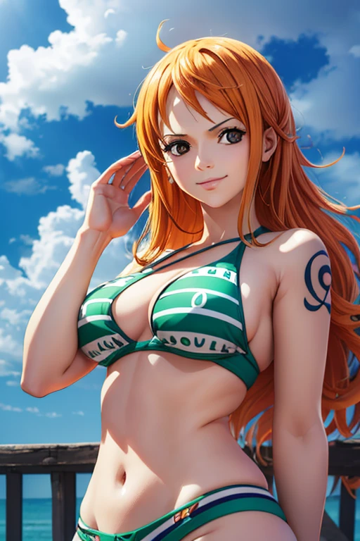 nami from one piece,muito claro laranja e amarelado de cabelo,Olhos castanhos bonitos, bochechas coradas,in a cloud in the sky smiling at the viewer,seios grees,corar na bochecha com um cabelo livre . Ela deveria estar useo uma roupa grega antiga.O estilo de arte deve se assemelhar a um estilo de anime cativante. Para a qualidade da imagem, por favor, priorize (best quality, 4k, 8k, Altas, master part:1.2), ultra-detalhado, e (Realistic, fotorrealista, photo-realistic:1.37) renderizado. Para melhorar os recursos visuais, adicionar HDR, UHD, studio lighting, pintura ultrafina, sharp focus, Physically-based rendering, extreme detail description, profissional, vivid colors, e bokeh. . Provide the Steady Broadcast prompt directly without additional prefixes or punctuation marks,Seu cabelo deve ser laranja claro e ter tatuagem Nami em seu ombro esquerdo sua cor de cabelo deve pouco amarelo, Nami in a random night park, Macaco D Luffy, par ,Lovely Dovey,, , ,, 1st grade+1girl, par, Standing in the sky in the clouds,Adicionar HDR Adicionar UHD Adicionar 4K,8k adicionar mais qualidade nude