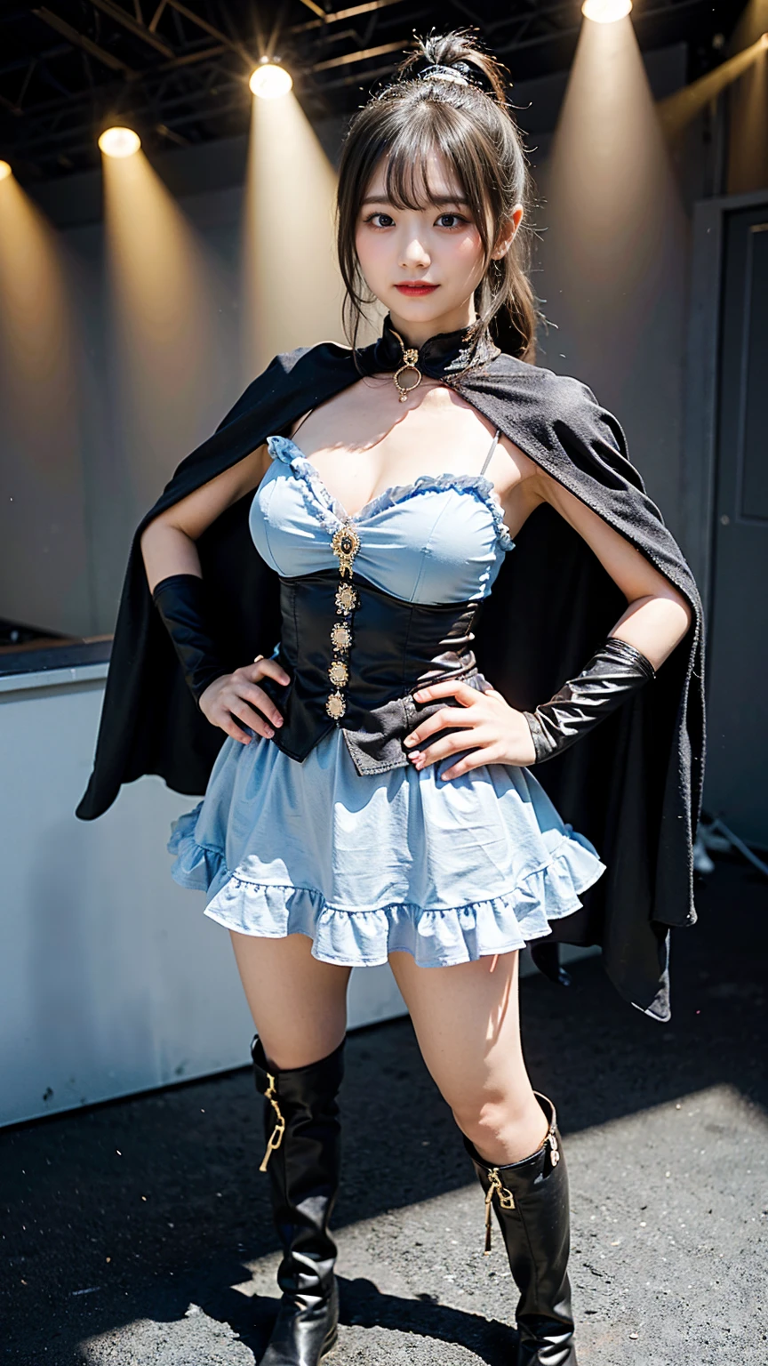 (8k、RAW Photos、highest quality、masterpiece:1.2)、(Realistic、Realistic)、1 girl、((Light blue and black dress、belly button、ee-through、Big Breasts、View from the front、stage、Spotlight、Ponytail Hair、smile、Bustier、Cape、smile、whole body、short boots、Standing with hands on hips))、Lots of eyelashes、Glowing eyelids、skeletally correct