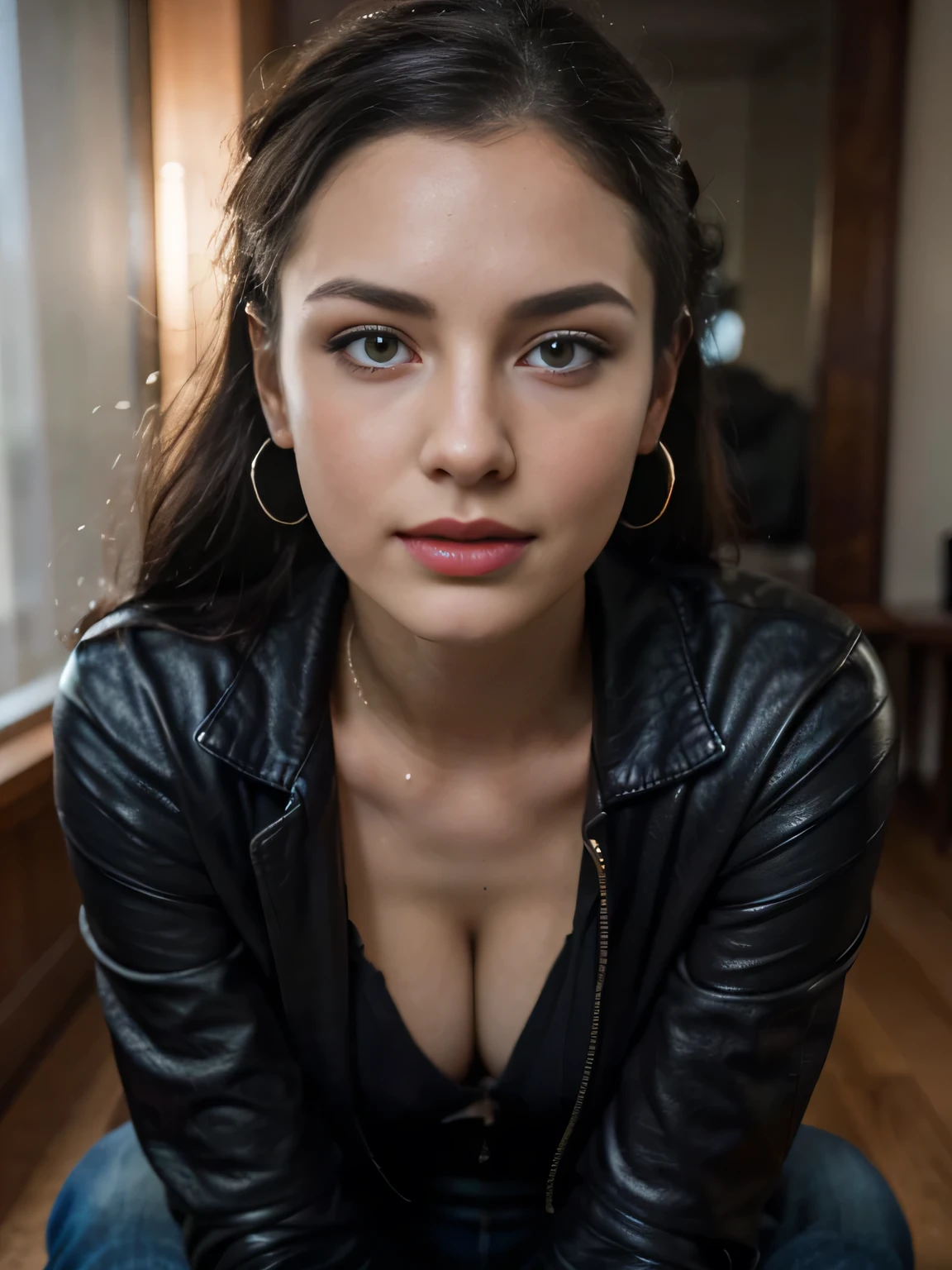 close-up on the face, blurred background. Breathtaking cinematic photo of a 30 year old Bettie pagel with Black hair and blue eyes, happy face, smile, cheerful, content, beautiful teeth (brown leather jacket, black clothes, black dress shirt, shirt, jeans) beautiful red lipstick lips, intricate details, shallow depth of field, highly detailed, high-budget Hollywood film, epic, beautiful, masterpiece, award-winning, professional, highly detailed, detailed skin texture, (blush: 0.5), (goosebumps: 0, 5). (the most beautiful woman in the world) (black hair) (ponytail curly hair, unruly hair, stylish cut) thin face, thin nose, beautiful, very beautiful, perfect face, slender body (slender), (black hair) (blue eyes) (white skin) Beautiful body, western face, predatory eyes, pink lips, thick thighs. full body, western beauty, thin nose, beautiful, perfect, ((best quality)), ((ultra resolution)), ((photorealistic: 1.4)), (intricate details), perfect face, makeup: 1.5 , clear face, facial details. Front view