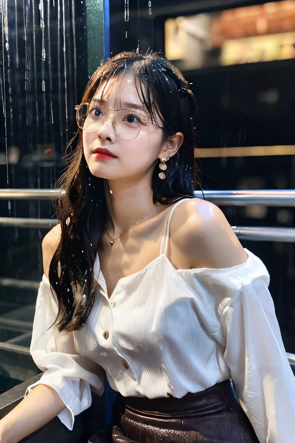 (RAW shooting, Photoreal:1.5, 8K, highest quality, masterpiece, ultra high resolution), perfect dynamic composition:1.2, Night street corner of a modern city, expression of sadness:0.3, (((Typhoon heavy rain))), Highly detailed skin and facial textures:1.2, Slim office lady wet in the rain:1.3, Japanese girl, 22 years old, Fair skin, white skin, sexy beauty:1.1, perfect style:1.2, beautiful and aesthetic:1.1, very beautiful face, water droplets on the skin, bun hair, (rain drips all over my body:1.2, wet body:1.2, wet hair:1.3), ( Wet long skirt:1.2, Wearing wet casual clothes:1.3), collarbone, belt, (Bra see-through, Chest gap), (cry, lovelorn, The expression on your face when you feel intense caress, Facial expression when feeling pleasure), (beautiful black eyes, Eyes that feel beautiful eros:0.8), (Too erotic:0.9, Bewitching:0.9), cowboy shot, necklace, earrings, bracelet, (wear glasses), (go up the stairs:0.7, View from directly below:0.7),