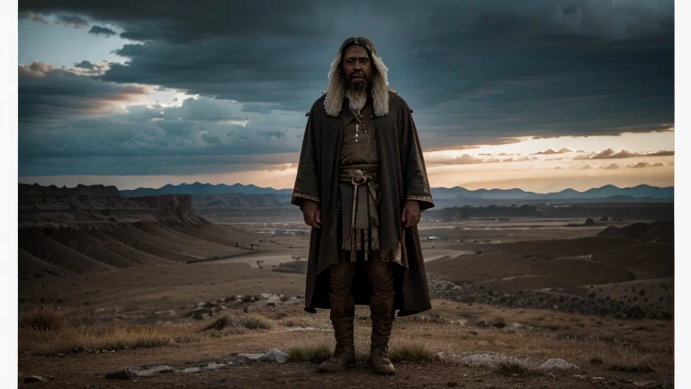 "A dramatic and realistic scene depicting the prophet Ezekiel standing in the middle of a vast valley filled with countless dry bones. Ezekiel is dressed in traditional ancient priestly garments, his face a mix of awe and reverence as he surveys the desolate landscape around him. The ground is densely covered with an overwhelming number of bones, bleached white by time and the elements, creating an eerie, haunting atmosphere. The sky above is dark and overcast, with heavy clouds adding to the somber mood. A powerful, divine light or ethereal glow surrounds Ezekiel, indicating the presence of the Lord's spirit that has brought him to this place. Shadows and highlights accentuate the contours of the bones and the rough, barren terrain of the valley. In the distance, the faint silhouette of hills or mountains can be seen, emphasizing the vastness and isolation of the scene. The overall atmosphere is one of profound spiritual significance, capturing the moment Ezekiel experiences the powerful presence of the Lord and the gravity of the vision before him. The image size is 16:9, providing a widescreen view of the entire scene."