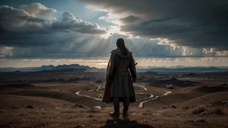 "A dramatic and realistic scene depicting the prophet Ezekiel standing in the middle of a vast valley filled with countless dry bones. Ezekiel is dressed in traditional ancient priestly garments, his face a mix of awe and reverence as he surveys the desolate landscape around him. The ground is densely covered with an overwhelming number of bones, bleached white by time and the elements, creating an eerie, haunting atmosphere. The sky above is dark and overcast, with heavy clouds adding to the somber mood. A powerful, divine light or ethereal glow surrounds Ezekiel, indicating the presence of the Lord's spirit that has brought him to this place. Shadows and highlights accentuate the contours of the bones and the rough, barren terrain of the valley. In the distance, the faint silhouette of hills or mountains can be seen, emphasizing the vastness and isolation of the scene. The overall atmosphere is one of profound spiritual significance, capturing the moment Ezekiel experiences the powerful presence of the Lord and the gravity of the vision before him. The image size is 16:9, providing a widescreen view of the entire scene."