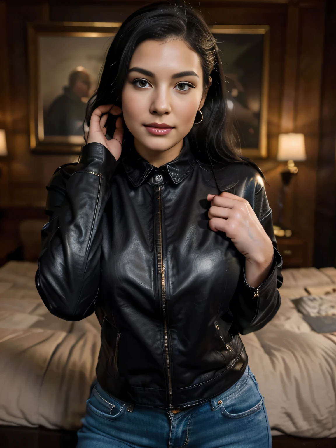 close-up on the face, blurred background. Breathtaking cinematic photo of a 30 year old Bettie pagel with Black hair and blue eyes, happy face, smile, cheerful, content, beautiful teeth (brown leather jacket, black clothes, black dress shirt, shirt, jeans) beautiful red lipstick lips, intricate details, shallow depth of field, highly detailed, high-budget Hollywood film, epic, beautiful, masterpiece, award-winning, professional, highly detailed, detailed skin texture, (blush: 0.5), (goosebumps: 0, 5). (the most beautiful woman in the world) (black hair) (ponytail curly hair, unruly hair, stylish cut) thin face, thin nose, beautiful, very beautiful, perfect face, slender body (slender), (black hair) (blue eyes) (white skin) Beautiful body, western face, predatory eyes, pink lips, thick thighs. full body, western beauty, thin nose, beautiful, perfect, ((best quality)), ((ultra resolution)), ((photorealistic: 1.4)), (intricate details), perfect face, makeup: 1.5 , clear face, facial details. Front view