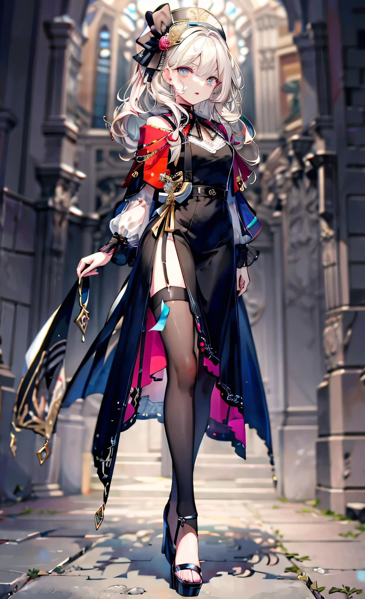 (Complete head：1.9)，meticulous portrayal of face，1 noblewoman，a matural female，Black dress long dress，(black lence stockings+)，(Ribbon sandals with thin heels)，(Black stocking feet+)，Pink White Long Hair，Prom background， Perfect body， s the perfect face， perfect hand， Perfect Finger， Perfect lips， perfect  eyes， Perfect background