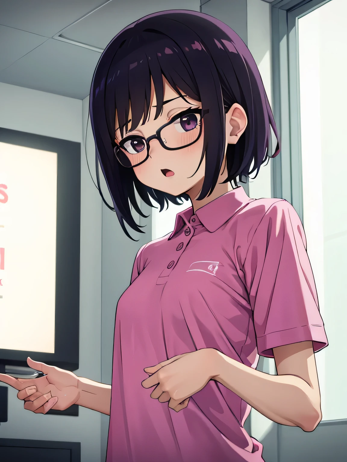 1. Beautiful girl in a magenta polo shirt, short hair, Small breasts, Embarrassing, Beautiful fingers, Shyness, worries, Black Hair, No underwear, Crouching, black eyes, hospital, beautiful, cute, high quality, short sleeves No bra, Open mouth Glasses Perfect hands