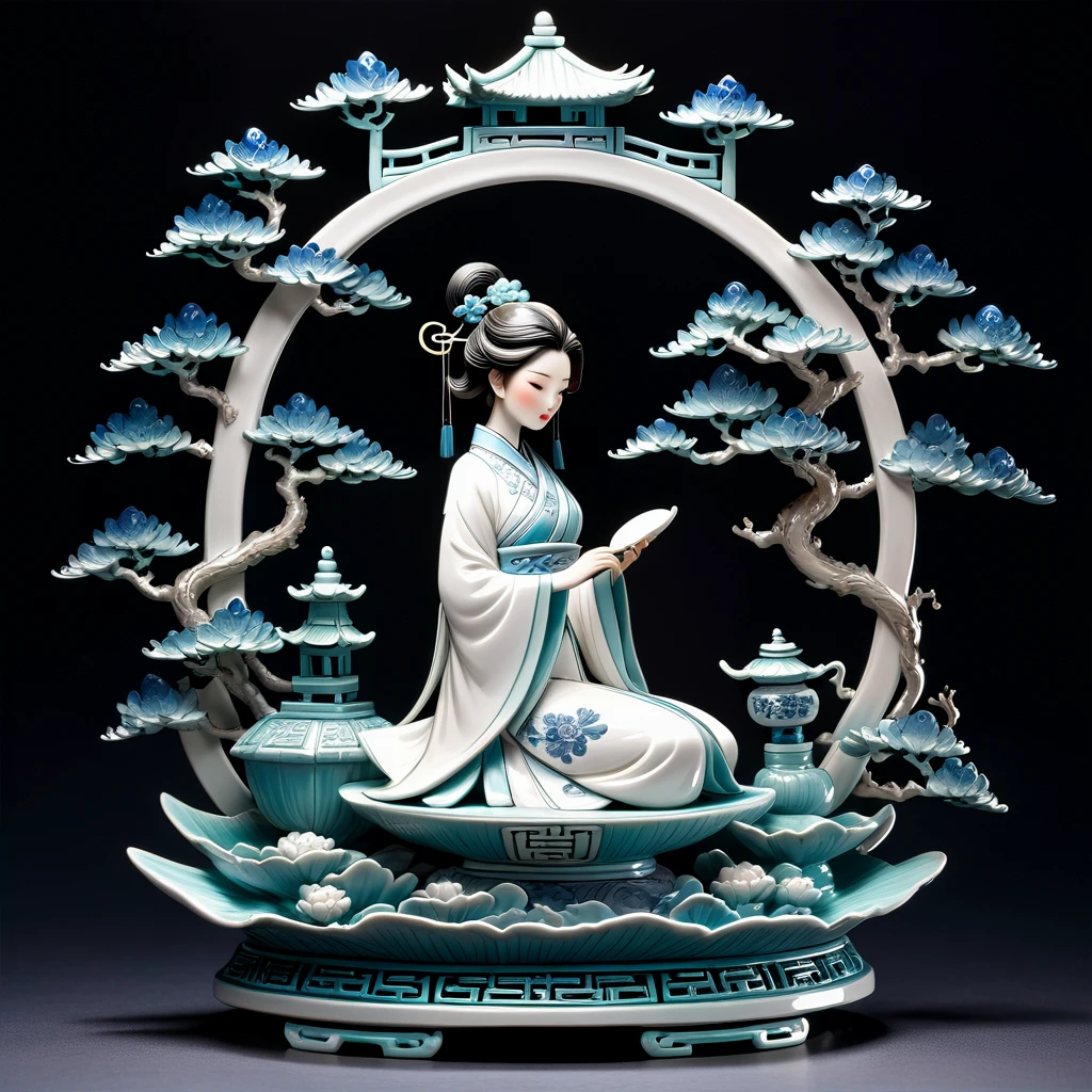 High Quality Fantasy Artifact Concept Art, Simple background, Ceramic Chinese Girl, Carved high-end porcelain, complicated, Gorgeous, 8K