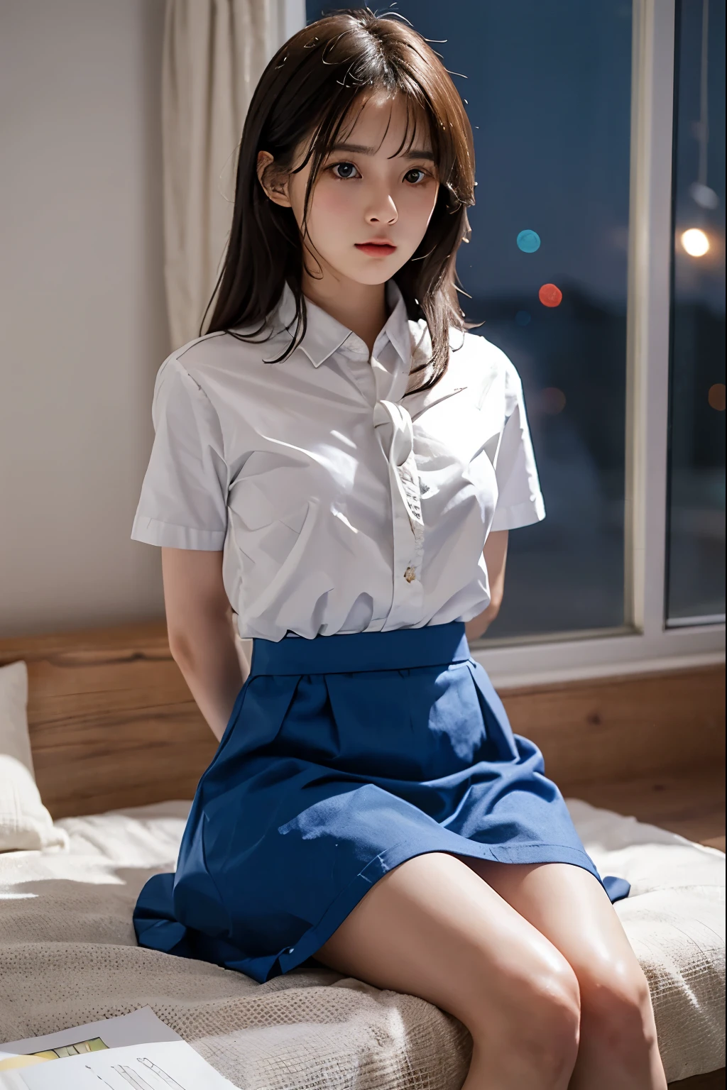 A cute girl is confined and tied up、In the room with the lights on at night、White under the blue skirt、Red short sleeve shirt、Sit with your feet together and forward、Beauty、30 years old、Medium build、