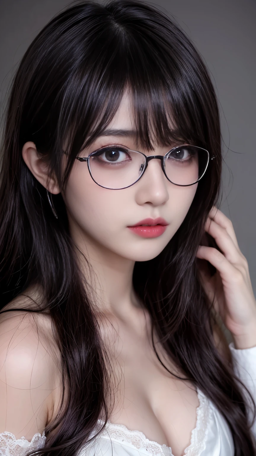 background（黒いnight空，Big Moon），Close-up of a woman，Wearing a white shirt、((Black-rimmed glasses))、Purple Hair，Very long hair，very thick braids，Purple eyes，big ， realistic girl rendering, 8k artistic german bokeh, Enchanting girl, Real Girl, Gurwitz, Gurwitz-style artwork, Girl Roleplay, Realistic 3D style, cgstation Popular Topics,, 8K Portrait Rendering,（truth，truth：1.4），巨big ，Sparkling eyes，Purple eyes、Captivating beauty、Attractive adult woman、Beautiful woman、Cool girl、evil female、brainwashingされた、brainwashing、Fallen into evil、Grin、邪evilな表現、邪evilな笑顔、evil、Brown Hair、Wavy Hair、Swept-apart bangs、Heavy makeup、Heavy makeup、Sharp Eye、Hollow Eyes,Half-closed eyes、Hollow Eyes、Purple Eyeshadow、Black lipstick、Black lip gloss、Long black cheongsam、Wide sleeves、night、Spooky Fortressscape Brush、Compensate、Are standing、