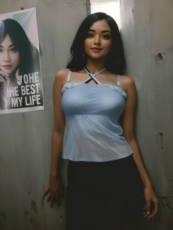 there is a woman standing in front of a wall with a poster on it, wearing a lingerie, breast, wearing crop top, croptop, wearing a cute top, halter top, wearing tanktop, wearing a sexy cropped top, halter-top, wearing a designer top, wearing black camisole outfit, halter neck, wearing : tanktop, candid photo, very seductive pose, naughty smile, posing!!