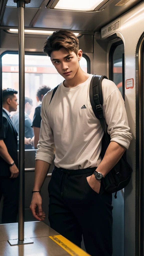 1 person，A 20-year-old man in the subway，Standing in a subway car，Ultra-flat head，Wearing a suit and pants，huge bulge,  leg apart，musculous，Handsome，Look at your phone，Wear AirPods，Wear an Apple Watch，Sport backpack，white short socks，White sneakers，pervert smirk，exhilarated，full bodyesbian，Exposing thighs，Expose calves，Thick leg hair，In crowded subway cars，gentlesoftlighting，tmasterpiece，best qualtiy，8K  UHD，digital SLR camera，filmgrain，Fujifilm XT3 Realistic painting art，Written by Midjourney and Greg Rutkowski