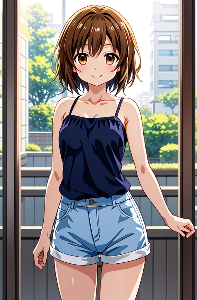 High resolution 8K, Browsing Caution, Bright lighting, Anime Style, Film Portrait Photography, 1 Female, Dynamic Angle, Dynamic pose, , a smile, smile, Beautiful woman, ((Sexy Woman)), (((Brown eyes, Brown, short hair, ))), A woman wearing a camisole, Adult women, Wear shorts, Animated characters in a scene with a sky background, Your Name movie style, Stills in TV anime, yourname, fiona staples and makoto shinkai, makoto shinkai and bioware, guweiz and makoto shinkai, Anime stills, Animated film stills, Anime movie screenshots, (Natural skin texture and vivid details, Ultra-realistic),The summer sun is shining