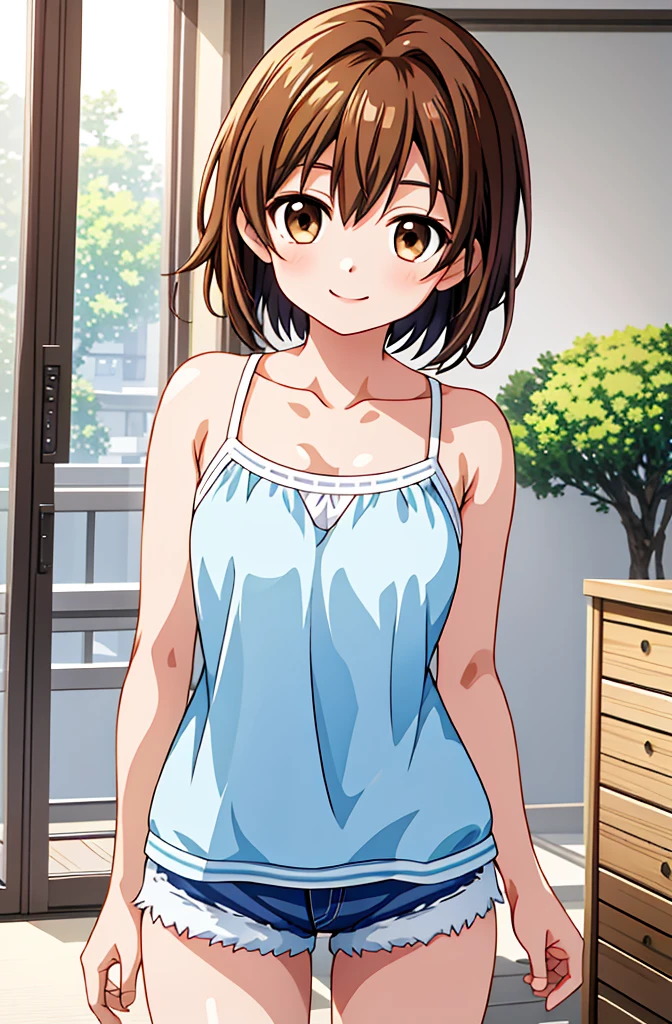 High resolution 8K, Browsing Caution, Bright lighting, Anime Style, Film Portrait Photography, 1 Female, Dynamic Angle, Dynamic pose, , a smile, smile, Beautiful woman, ((Sexy Woman)), (((Brown eyes, Brown, short hair, ))), A woman wearing a camisole, Adult women, Wear shorts, Animated characters in a scene with a sky background, Your Name movie style, Stills in TV anime, yourname, fiona staples and makoto shinkai, makoto shinkai and bioware, guweiz and makoto shinkai, Anime stills, Animated film stills, Anime movie screenshots, (Natural skin texture and vivid details, Ultra-realistic),The summer sun is shining