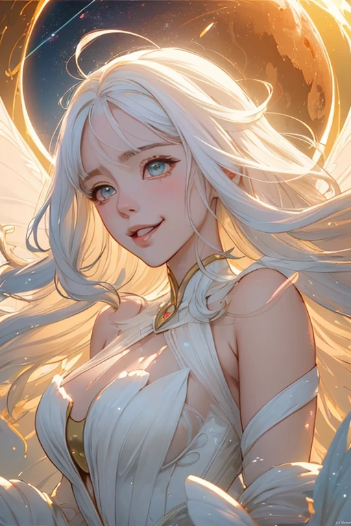 Semi-realistic anime photos, high quality, Fairies falling from the sky, Translucent with colorful glitter, White Dress, Symmetrical face, Golden Hour, soft, Very detailed, Surreal, Dramatic lighting, elegant, Complex, コンセプトart, art：WLOP, Mars Rabelo, Greg Rutowski, artステーション, Big Eyes, White Hair, Bright smile