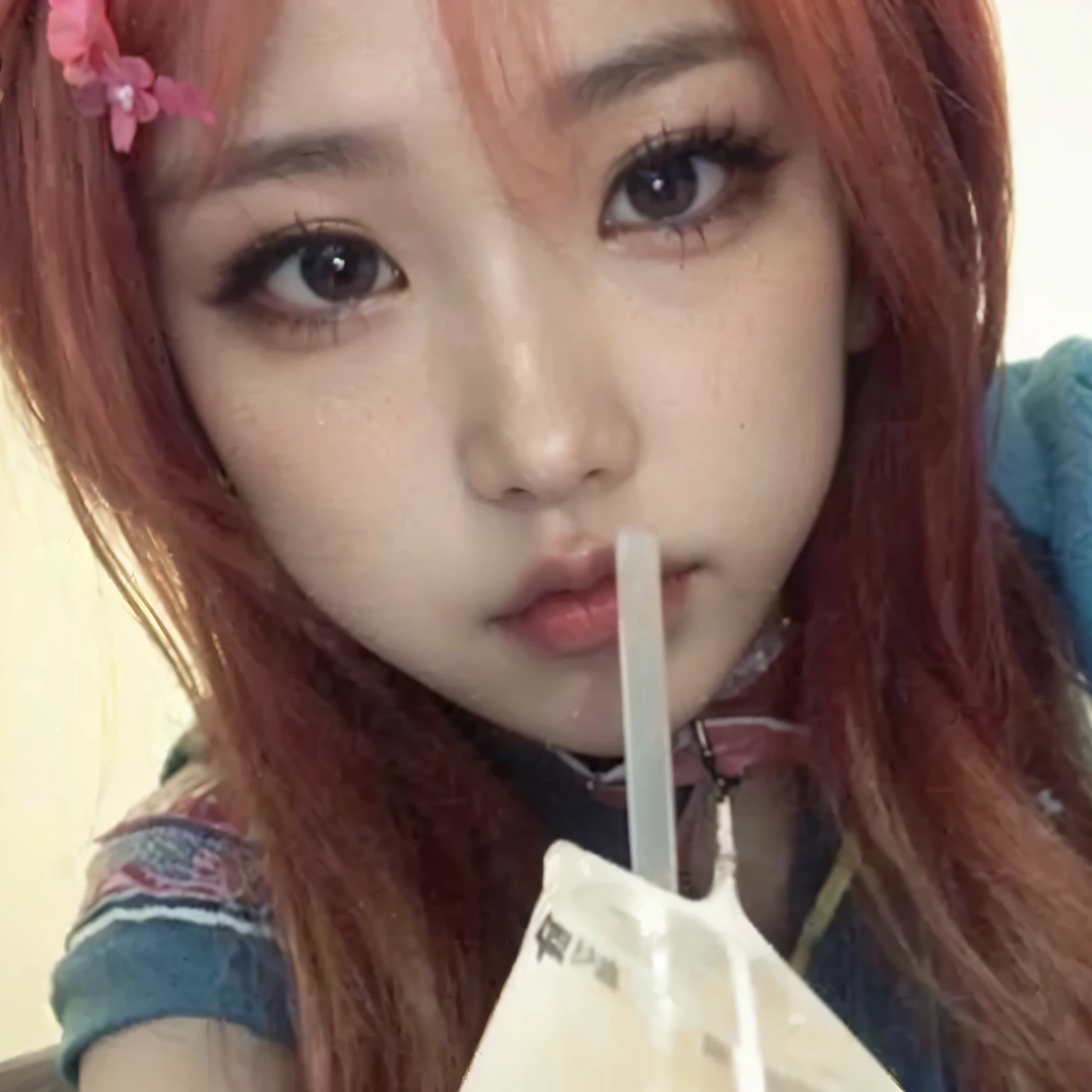 Arafed Asian girl with red hair drinking from a plastic cup, ulzzang, japanese gyaru portrait, cruel korean gothic girl, chica anime en la vida real, pale korean adorable face, Lalisa Manobal, jossi de blackpink, jinyoung shin, sun yunjoo, bella delfina, Lalisa Manoban de Blackpink, Ishikei