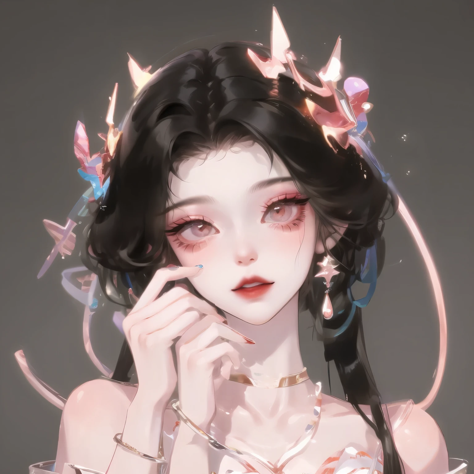Anime girl with butterfly and black dress on her shoulder, Guviz-style artwork, Guviz, wlop glossy skin, inspired by Sim Sa-jeong, trending on cgstation, guweiz masterpiece, Loish et WLOP, Guweiz on ArtStation Pixiv, 8K high quality detailed art