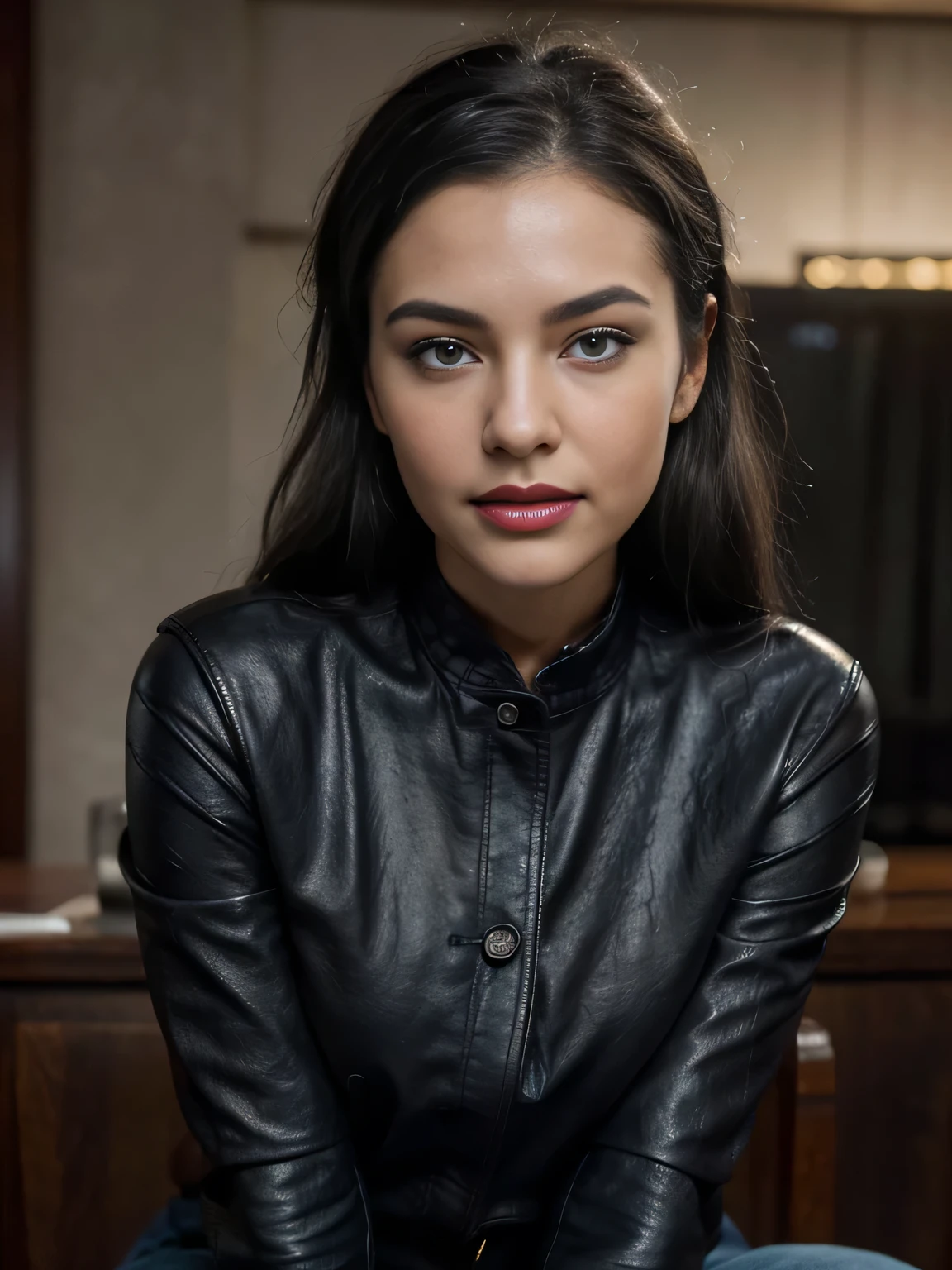 close-up on the face, blurred background. Breathtaking cinematic photo of a 30 year old Bettie pagel with Black hair and blue eyes, happy face, smile, cheerful, content, beautiful teeth (brown leather jacket, black clothes, black dress shirt, shirt, jeans black gloves) beautiful red lipstick lips, intricate details, shallow depth of field, highly detailed, high-budget Hollywood film, epic, beautiful, masterpiece, award-winning, professional, highly detailed, detailed skin texture, (blush: 0.5), (goosebumps: 0, 5). (the most beautiful woman in the world) (black hair) (ponytail curly hair, unruly hair, stylish cut) thin face, thin nose, beautiful, very beautiful, perfect face, slender body (slender), (black hair) (blue eyes) (white skin) Beautiful body, western face, predatory eyes, pink lips, thick thighs. full body, western beauty, thin nose, beautiful, perfect, ((best quality)), ((ultra resolution)), ((photorealistic: 1.4)), (intricate details), perfect face, makeup: 1.5 , clear face, facial details. Front view