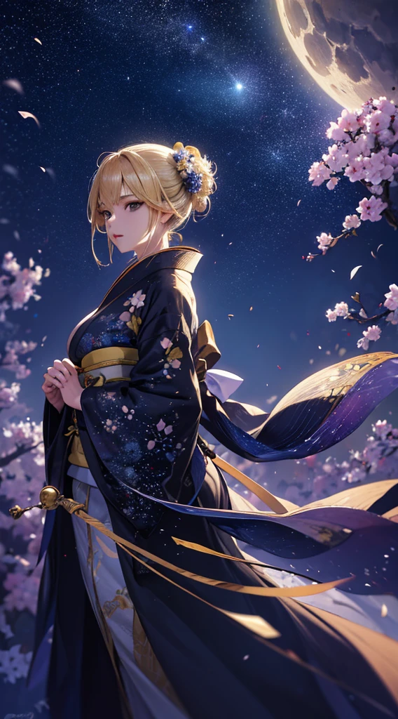 masterpiece, high quality, 4K, Beautiful design, silhouette,blonde, 非常に詳細な夜のStarry Sky,Flower Field, wonderful, Finer details, Very knowledgeable woman, Highly detailed solo, 1 female,Big Breasts,kimono,Night view,Starry Sky,full moon,