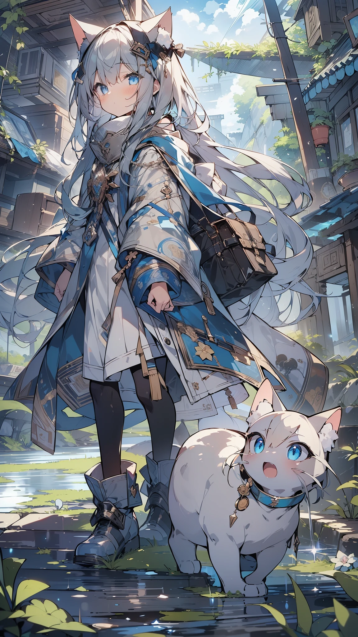 (masterpiece:1.2),(anime),(Close-up:1.2)、((Lost civilization、Devastated Land、Girl Traveling)),Otherworldly clothing、Grey World,One Girl、Cat1匹,(Cat:Blue Eyes),(Catと一緒),(Sit on the ground)