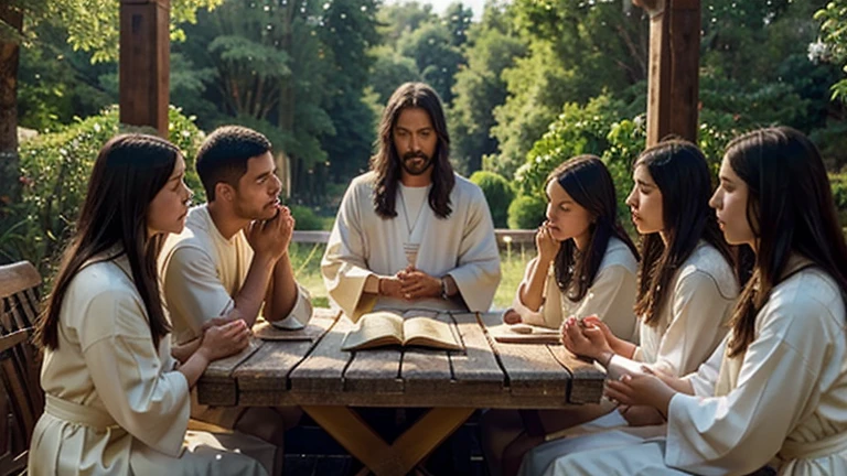 "A serene and inspiring scene depicting Jesus teaching his disciples how to pray. Jesus is at the center, with a calm and compassionate expression, dressed in traditional robes. He is surrounded by his disciples, who are seated around him, listening intently. The background is a beautiful, natural setting with gentle hills, trees, and a clear blue sky. The sunlight bathes the scene in a warm, golden glow, creating a peaceful and holy atmosphere. Jesus is shown with his hands in a prayerful position, demonstrating the act of prayer to his disciples. The disciples are depicted in various states of reverence, some with their heads bowed, others with their hands clasped. The overall composition emphasizes the spiritual connection and the importance of the moment. The image size is 16:9, providing a widescreen view of the entire scene."