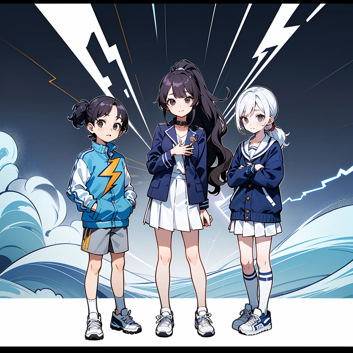 ((masutepiece, Highest Quality)), Detailed Face, Character Sheet,(((kid:1.5))), ((full - body:1.2)), Full of Details, multiple poss and expressions, Highly detailed, depth, 1girl in, :3, (((Bangs with medium parting))),((1girl in)), idol, ((black hair)) ,((Black Eyes)), (((wavy ponytail hair:1.2,Long:1.2))), ((Navy blue high-collar jacket:1.3,Short it:1.3)),(((Flat Breast:1.3))),((High neckline, white, inner:1.2,lightning bolts)),(strap),((white skirt:1.2)),(((Flat Breast:1.3))),(((white sneakers))), Cheerful smile,((kid:1.5)),((Whitened Skin)),😉🫶🏻