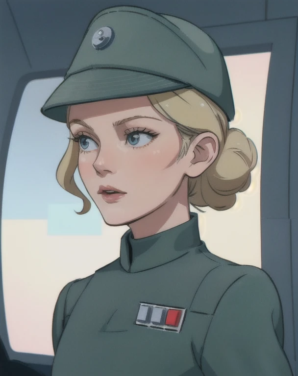 Disney Cartoon of Kirsten Dunst in olive gray imperialofficer uniform and hat, blonde hair in small tight bun, smooth pale white skin, sci-fi Death Star control room, sharp focus, dlsr, ultra sharp, professional Photographer, film grain, 2D hand drawn animation, no makeup