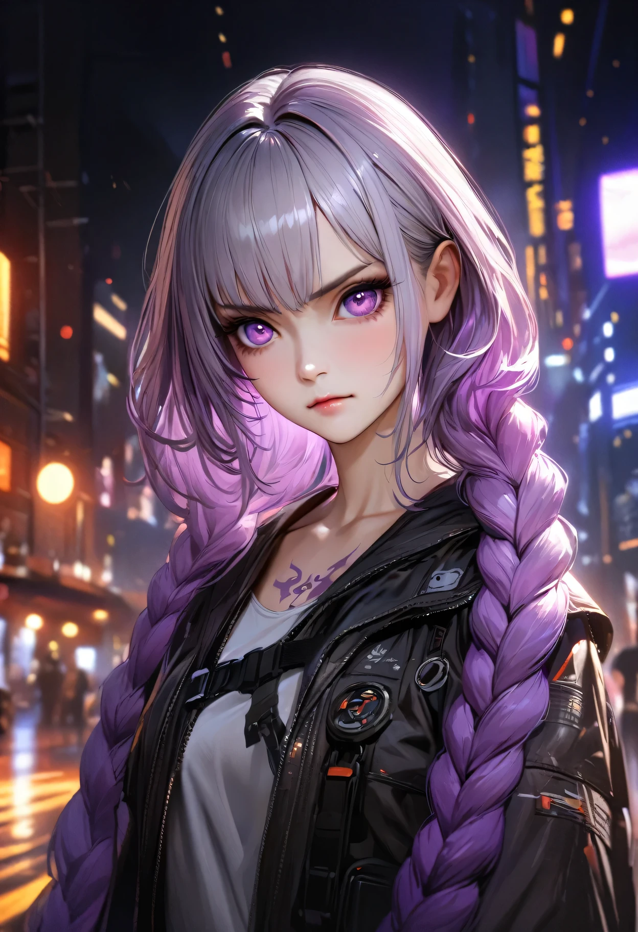 (best quality,4k,8k,highres,masterpiece:1.2),ultra-detailed,realistic:1.37, HDR,UHD,studio lighting,ultra-fine painting,sharp focus,physically-based rendering,extreme detail description,professional,vivid colors,bokeh,Night view, yinji , 1 Girl, purple hair,purple eyes,very long hair,grey hair,double braid,gradient hair, Full body portrait of a man posing fiercely against a neon-lit city background, Holding a samurai sword glowing in the dark. masterpiece, woman , Have a tattoo, Super detailed, post apocalyptic, Super detailed, ready to fight, Serious expression, Super detailed samurai sword
