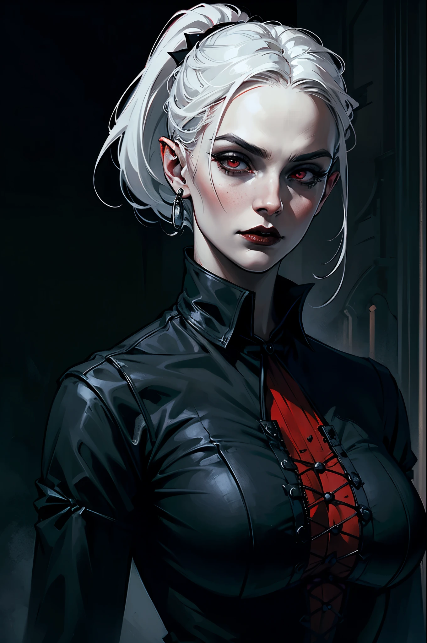 Woman with white hair and red eyes in black shirt, black lips, huge breasts, ponytail, Vampire Girl, Dark, But detailed digital art, dark fantasy style art, Portrait of a vampire, androgynous vampire, Dark art style, style of charlie bowater, gothic horror vibes, tom bagshaw artstyle, gothic art style, dark fantasy portrait, neoartcore and charlie bowater