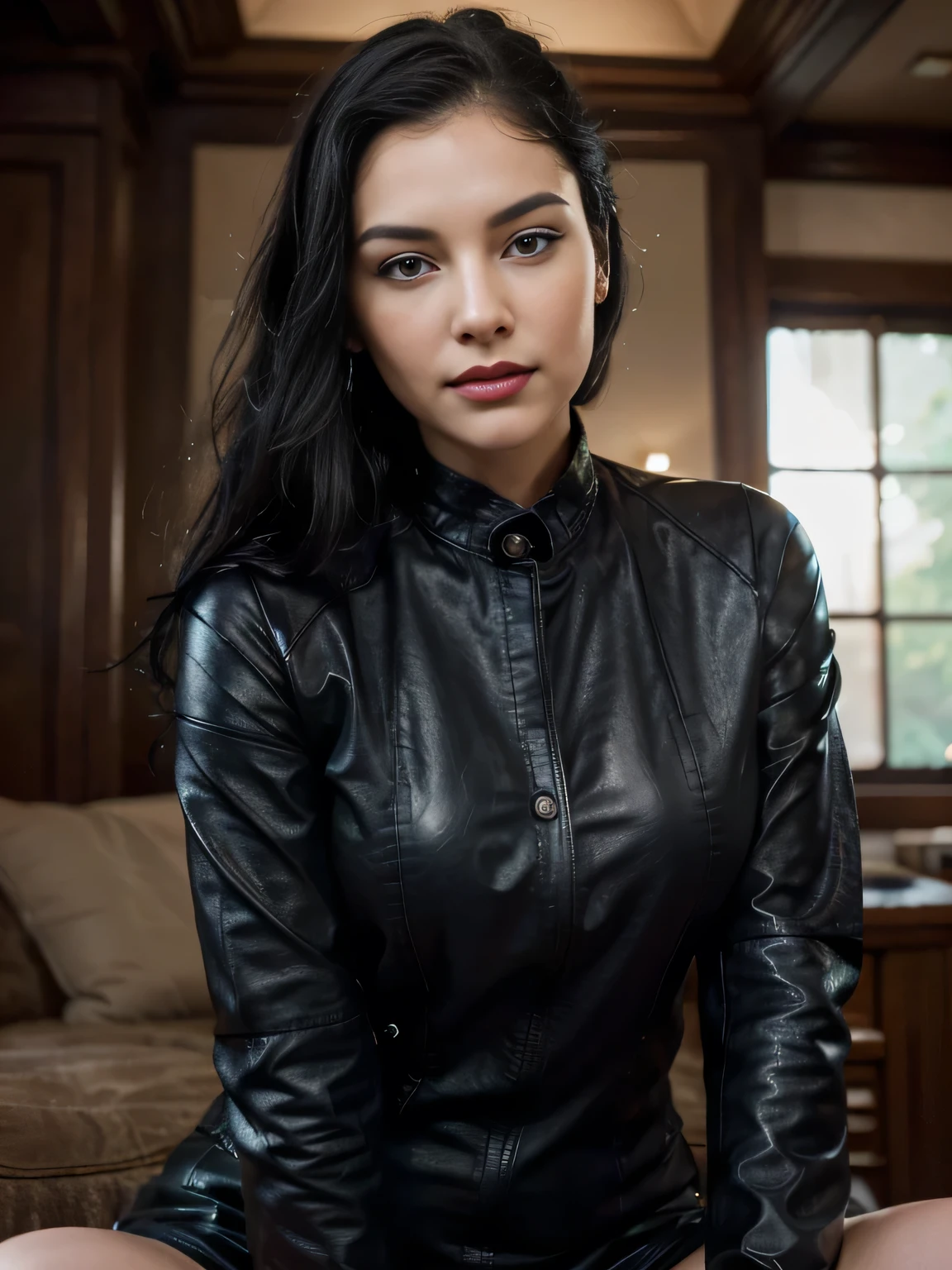 close-up on the face, blurred background. Breathtaking cinematic photo of a 30 year old Bettie pagel with Black hair and blue eyes, happy face, smile, cheerful, content, beautiful teeth (brown leather jacket, black clothes, black dress shirt, shirt, jeans black gloves) beautiful red lipstick lips, intricate details, shallow depth of field, highly detailed, high-budget Hollywood film, epic, beautiful, masterpiece, award-winning, professional, highly detailed, detailed skin texture, (blush: 0.5), (goosebumps: 0, 5). (the most beautiful woman in the world) (black hair) (ponytail curly hair, unruly hair, stylish cut) thin face, thin nose, beautiful, very beautiful, perfect face, slender body (slender), (black hair) (blue eyes) (white skin) Beautiful body, western face, predatory eyes, pink lips, thick thighs. full body, western beauty, thin nose, beautiful, perfect, ((best quality)), ((ultra resolution)), ((photorealistic: 1.4)), (intricate details), perfect face, makeup: 1.5 , clear face, facial details. touching her hair sensually, flirting with the camera