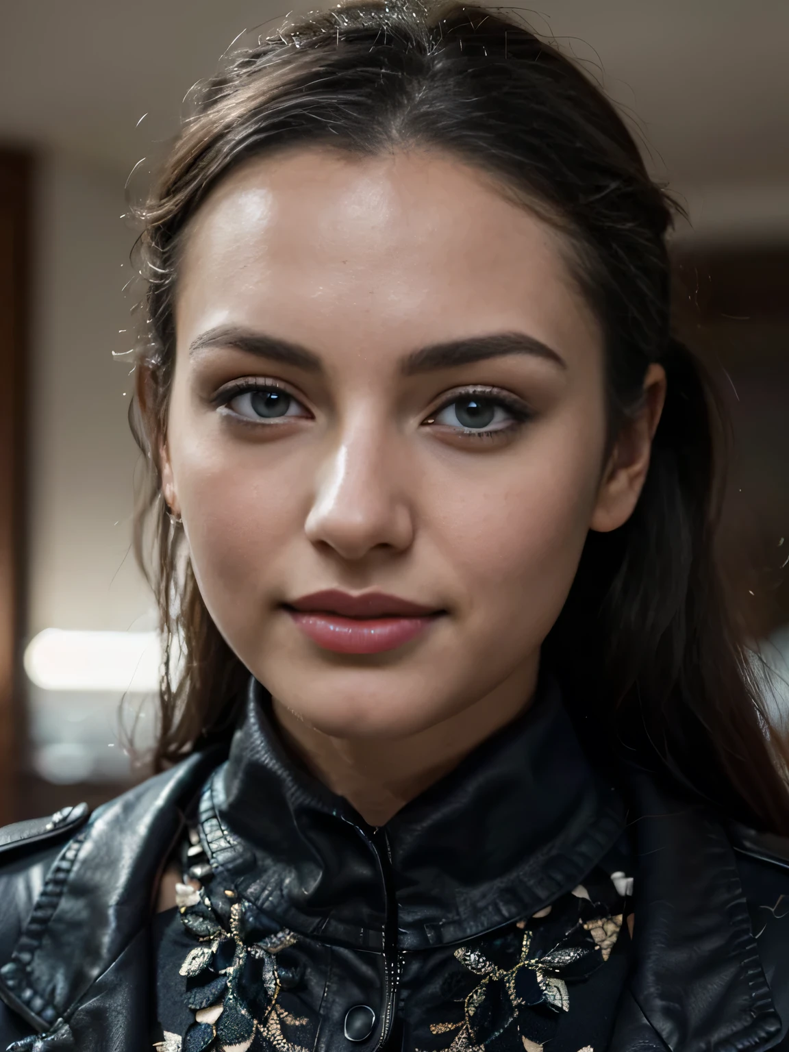 close-up on the face, blurred background. Breathtaking cinematic photo of a 30 year old Bettie pagel with Black hair and blue eyes, happy face, smile, cheerful, content, beautiful teeth (brown leather jacket, black clothes, black dress shirt, shirt, jeans black gloves) beautiful red lipstick lips, intricate details, shallow depth of field, highly detailed, high-budget Hollywood film, epic, beautiful, masterpiece, award-winning, professional, highly detailed, detailed skin texture, (blush: 0.5), (goosebumps: 0, 5). (the most beautiful woman in the world) (black hair) (ponytail curly hair, unruly hair, stylish cut) thin face, thin nose, beautiful, very beautiful, perfect face, slender body (slender), (black hair) (blue eyes) (white skin) Beautiful body, western face, predatory eyes, pink lips, thick thighs. full body, western beauty, thin nose, beautiful, perfect, ((best quality)), ((ultra resolution)), ((photorealistic: 1.4)), (intricate details), perfect face, makeup: 1.5 , clear face, facial details. touching her hair sensually, flirting with the camera