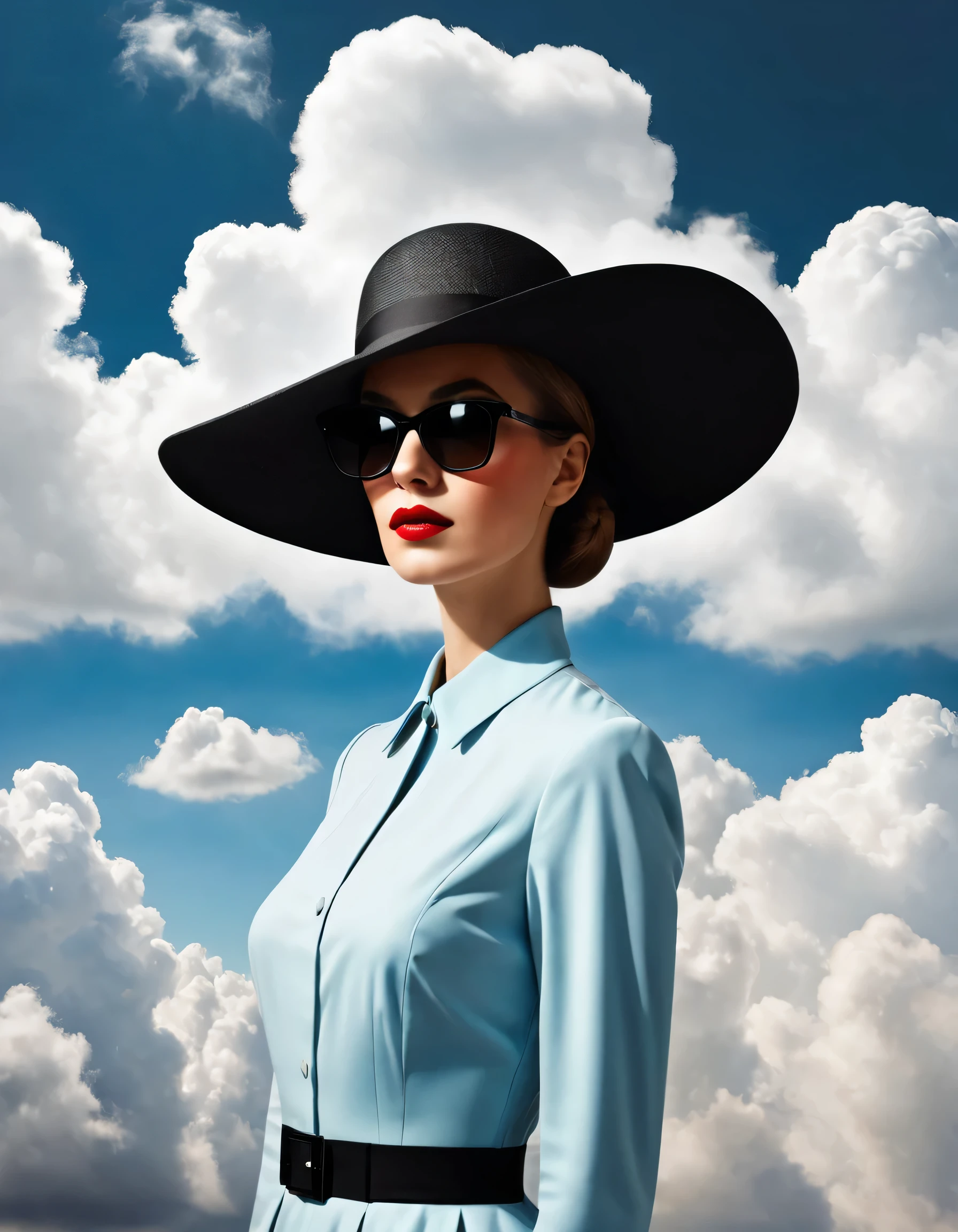 Cubist artwork in the style of Rene Magritte,Rene Magritte style,Rene Magritte Art,Rene Magritte woman wearing hat and sunglasses standing in front of clouds, Rene Magritte style, Artistic Fashion Photography, Inspired by Rene Magritte, Inspired by René Magritte, photographyalexey gurylev, Surreal style, Clemens Asher, photographyalexey kurylev, Inspired by Chris LaBrooy, Girl Cloud . Geometric shapes, Abstract, Innovative, Sexual